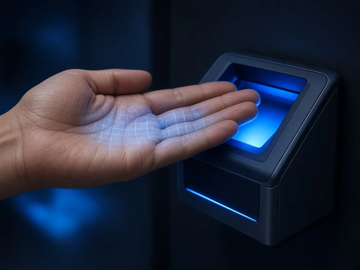 Hand held above a contactless palm scanner glowing blue
