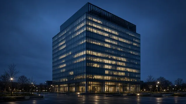 Glass office building with trees