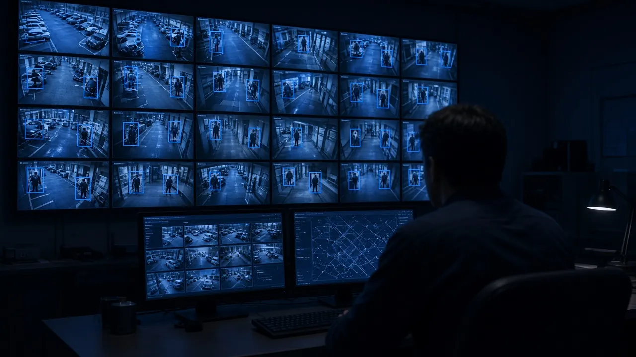 Security operations room with a video wall showing camera feeds with AI detection boxes