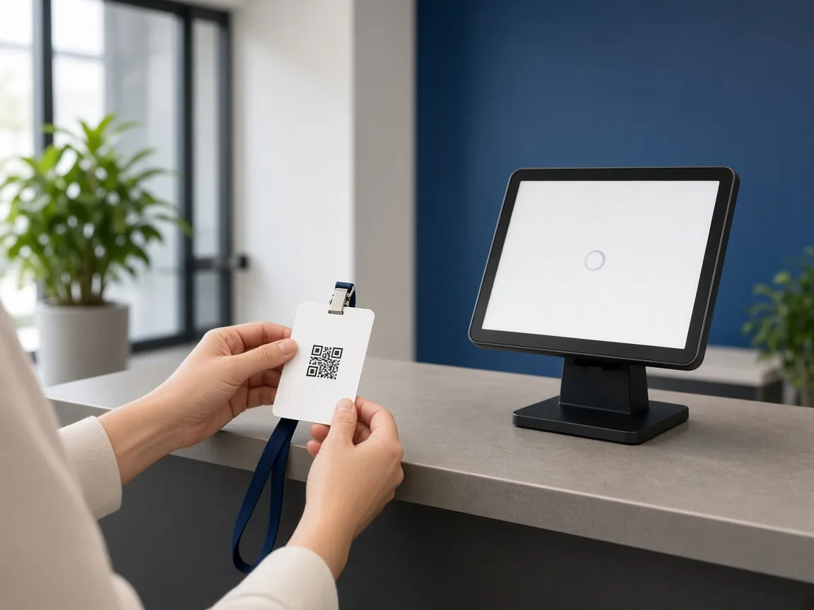 Visitor holding a QR badge at a reception check-in kiosk